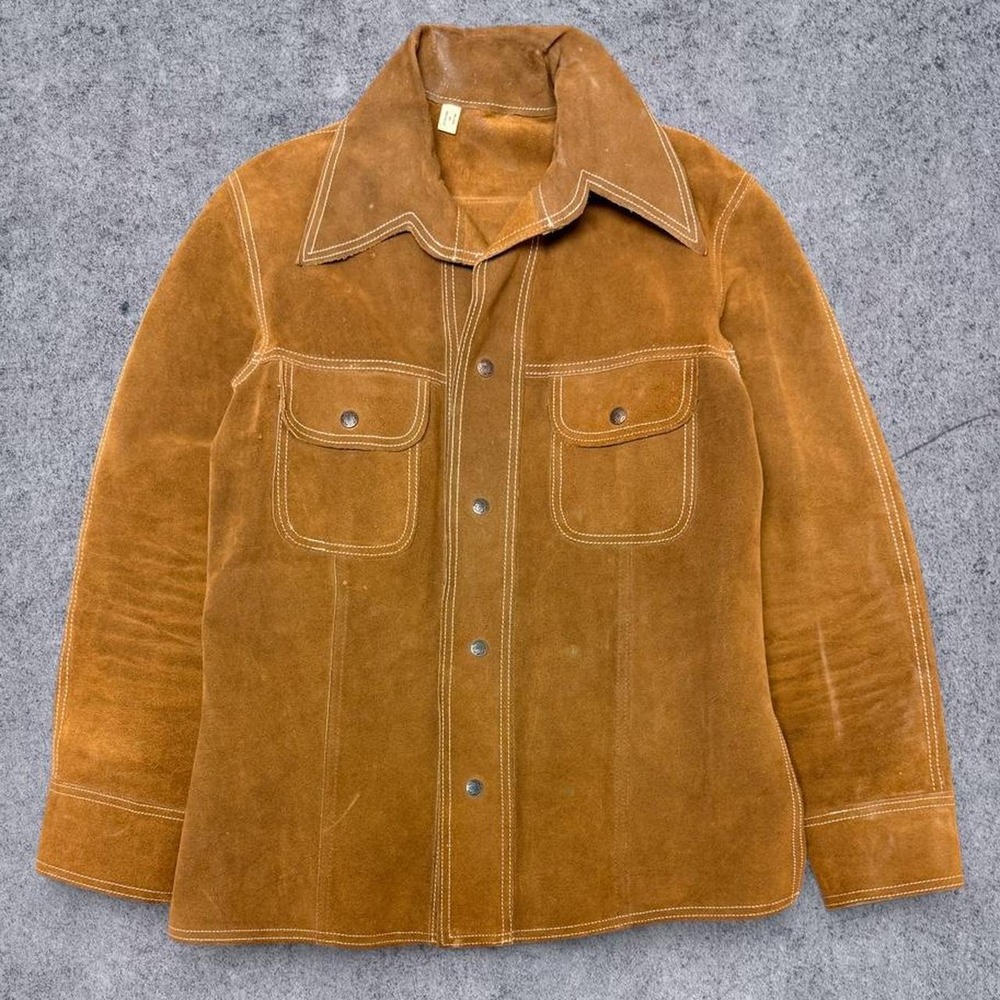 Vintage 1970s Suede Jacket Mens Tan Brown Snap Front Western Coat Made in Mexico
